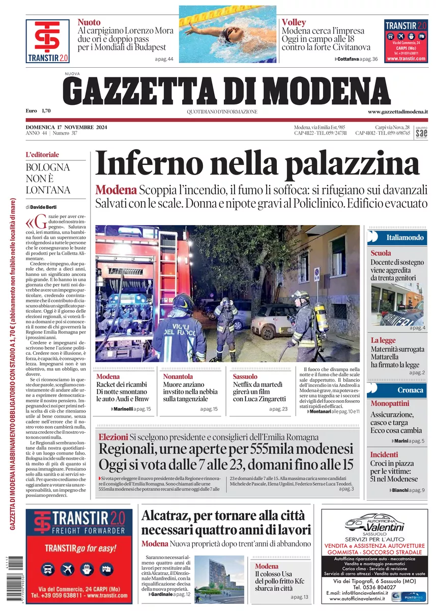 Prima-pagina-gazzetta di modena-oggi-edizione-del-2024-11-17